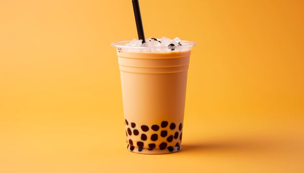 A bubble tea in a plastic cup. Generative AI photo