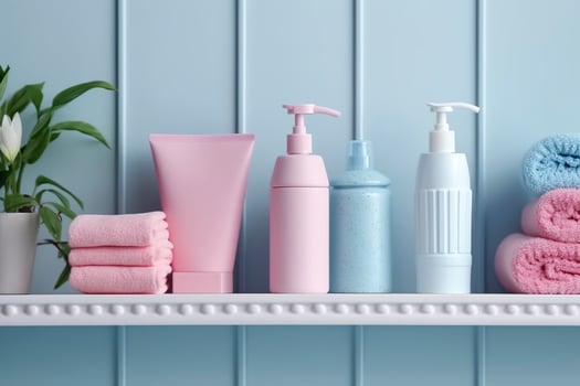 A pastel bathroom shelf with pink skincare products, copy space, banner, pink and pastel blue bright palette, barbiecore. AI Generative photo