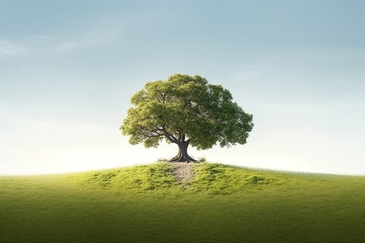 Big tree in the meadow against the blue sky.Generative Ai. photo