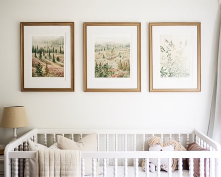 Nursery gallery wall, home decor and wall art, framed art in the English country cottage interior, room for diy printable artwork mockup and print shop photo