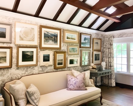 Living room gallery wall, home decor and wall art, framed art in the English country cottage interior, room for diy printable artwork mockup and print shop photo