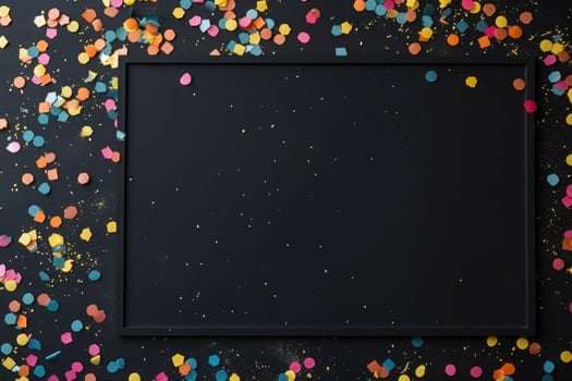 Black board, decorations and confetti on black background. AI generated photo