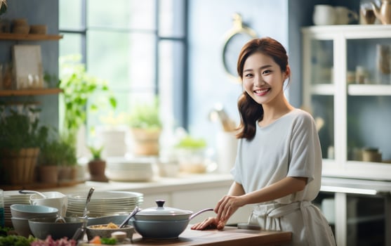 Asian woman preparing breakfast in the kitchen photo