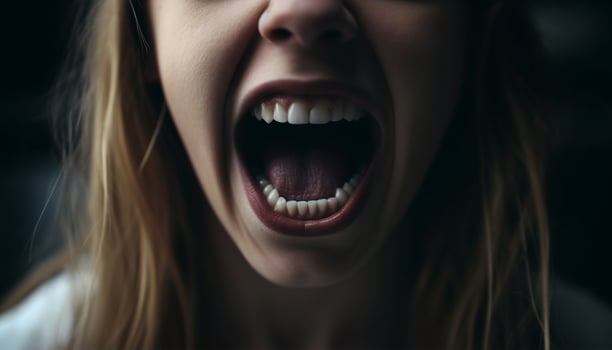 A furious young woman screaming with her mouth wide open generated by AI photo