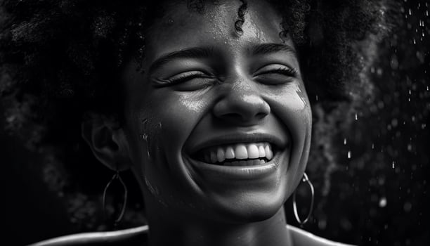 Smiling young woman enjoying the rain outdoors generated by AI photo