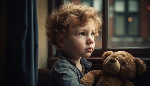 A cute Caucasian boy sitting by the window, looking indoors generated by AI photo