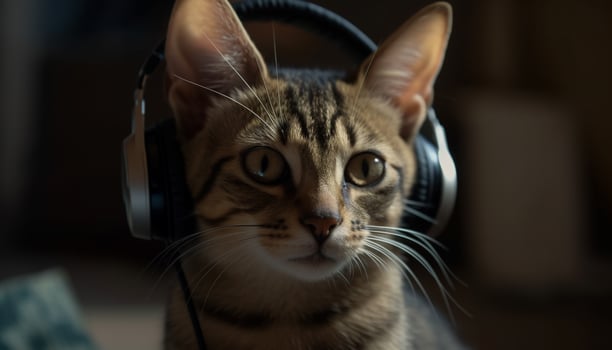 Cute kitten with striped fur sitting and listening to headphones generated by AI photo
