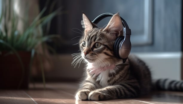 Cute kitten playing with headphones, looking at camera, indoors generated by AI photo