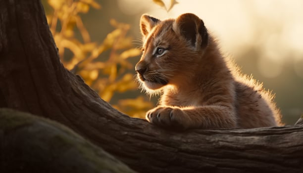 Cute kitten sitting in the grass, looking at the sunset generated by AI photo