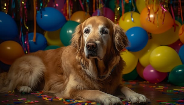Cute puppy playing with a yellow balloon at a birthday party generated by AI photo
