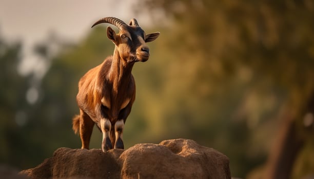 Cute goat grazing in meadow, surrounded by nature beauty generated by AI photo