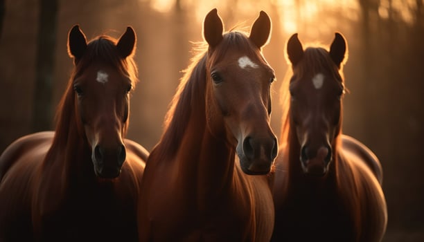 Horse grazing in meadow, sunset illuminates tranquil rural scene generated by AI photo