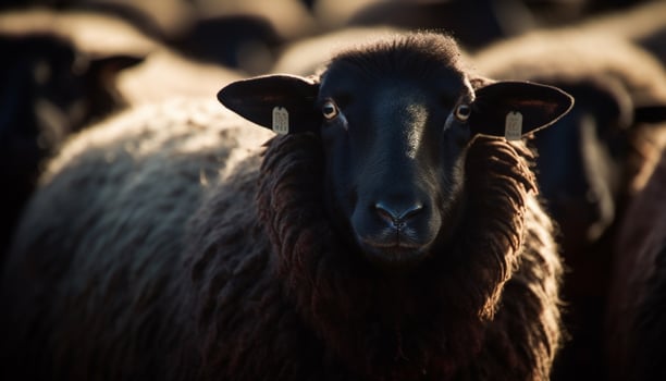 Cute livestock grazing on a rural farm, staring at camera generated by AI photo