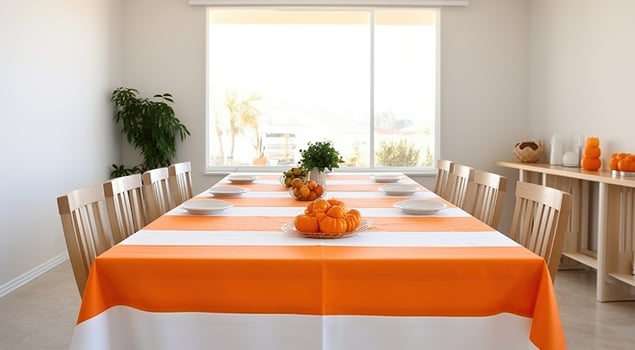 Elegance in Orange, Long Dining Room Table Set with White Chairs photo