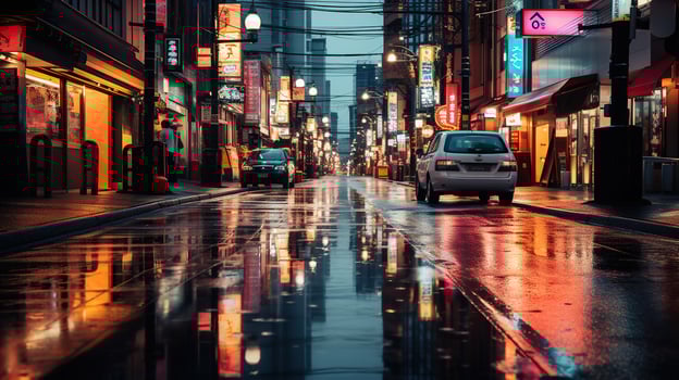 Neon light night street in the city of tokyo after rain, Generative AI photo