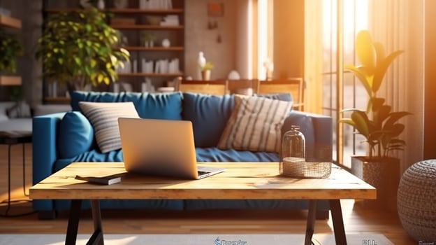 Brown and Blue Home Office Bathed in Sunlight for a Successful Workday, Generative AI photo
