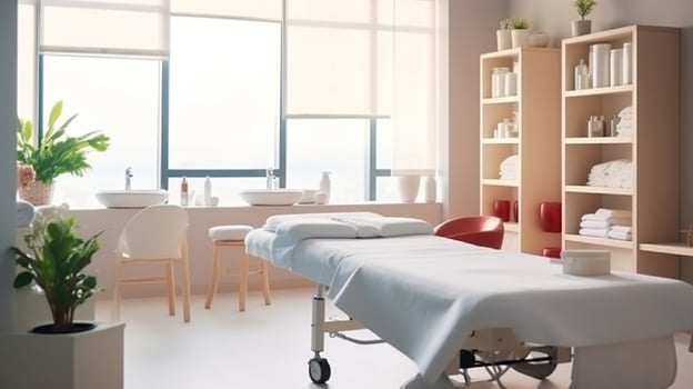 Beauty and body care. Interior of new beauty salon with spa massage table and set of skincare products ready for use. Generative AI photo