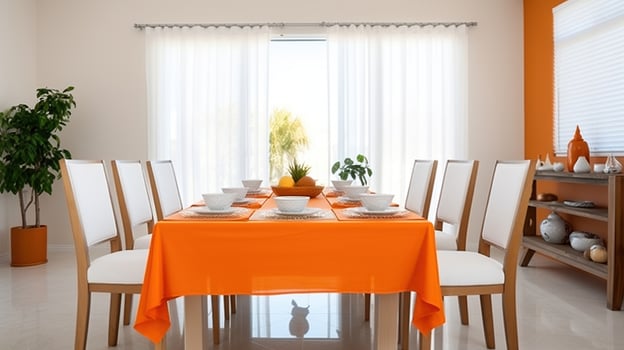 Shared Moments. White Chairs Encircle Long Table Draped in Vibrant Orange photo