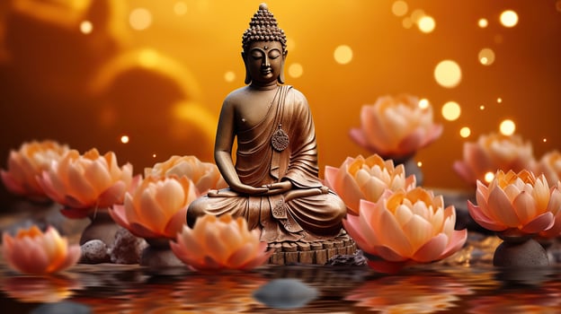 Buddha's Embrace, Serene Statue Amidst Lotus Blooms on Vibrant Orange photo