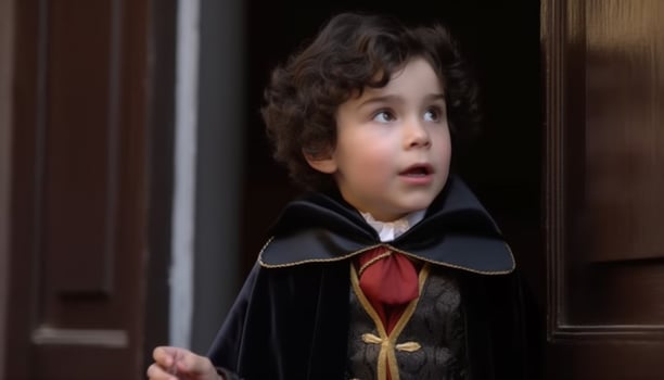 A cute, smiling boy in a costume playing and looking happy generated by AI photo