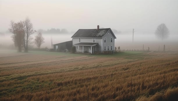 Rural farm, foggy landscape, old farmhouse, tranquil meadow, abandoned cottage generated by AI photo