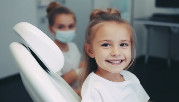 Smiling child visits dentist for dental health and dental equipment generated by AI photo