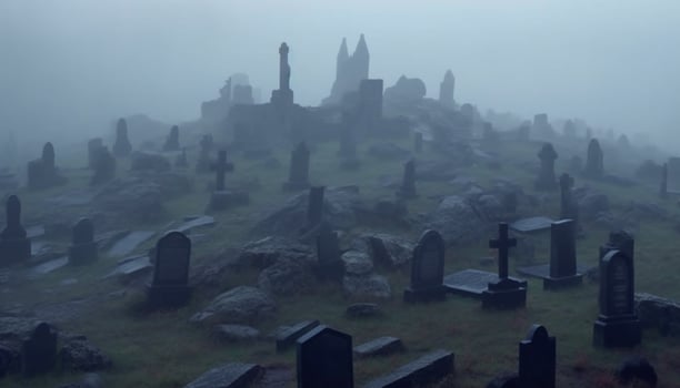 Spooky tombstone in dark, mysterious graveyard, symbol of death and religion generated by AI photo