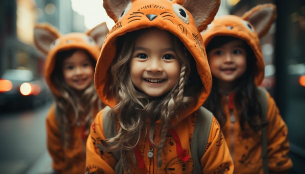 Smiling child, happiness, cheerful girls, fun outdoors, cute childhood generated by AI photo