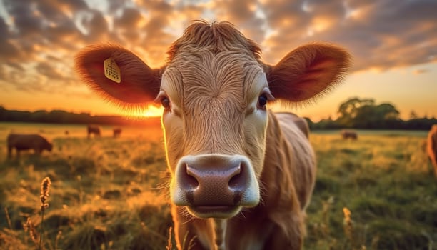 Cows graze in the meadow, bathed in sunset golden light generated by AI photo