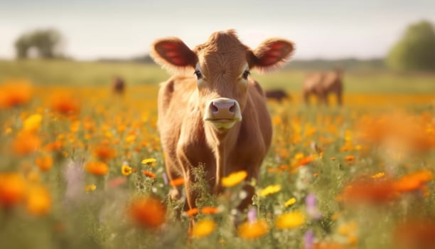 Cute cow grazing on green meadow, enjoying the summer sun generated by AI photo