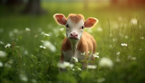 Cute cow grazing in green meadow, enjoying the summer outdoors generated by AI photo