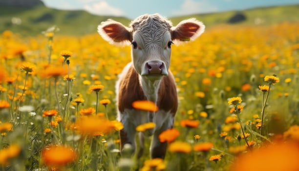 Cow grazing in a meadow, surrounded by yellow flowers and green grass generated by AI photo