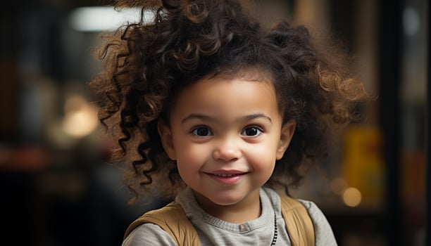 Smiling child with curly hair, cute and cheerful, looking at camera generated by AI photo