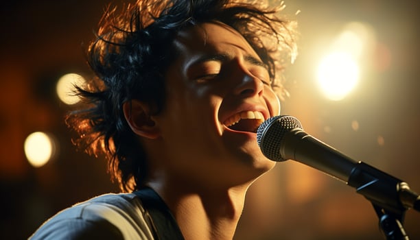 Young adult singer performing on stage, smiling, enjoying the music generated by AI photo
