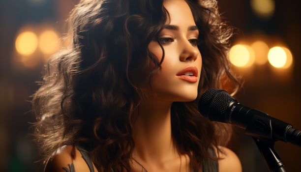 Young adult woman, microphone in hand, singing on stage with elegance generated by AI photo