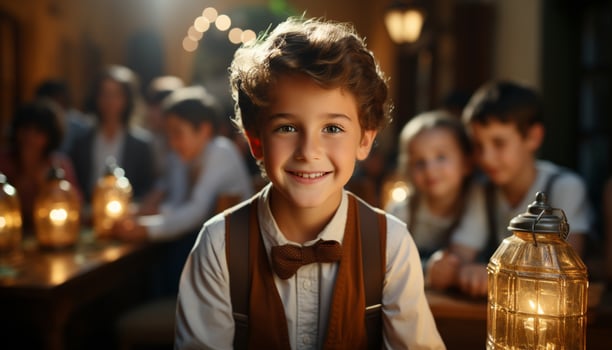 Smiling boys, cheerful and cute, looking at camera, learning indoors generated by AI photo