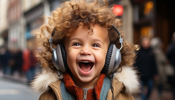 Smiling boy outdoors, listening to music, enjoying winter with headphones generated by AI photo