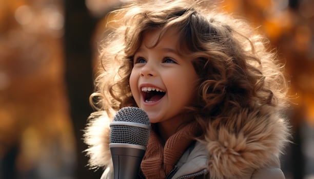 Smiling child outdoors, cheerful and cute, singing with happiness generated by AI photo