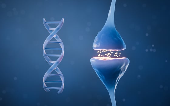 Synapse of neuron cell and DNA, 3d rendering. photo