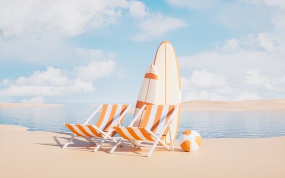 beach chair and surfboard, holidays and relaxation, 3d rendering. photo