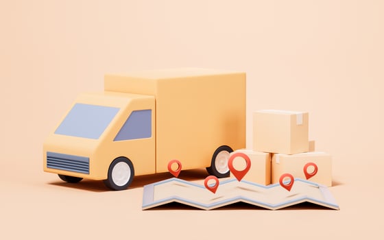 Truck and cargo box with cartoon style, 3d rendering. photo