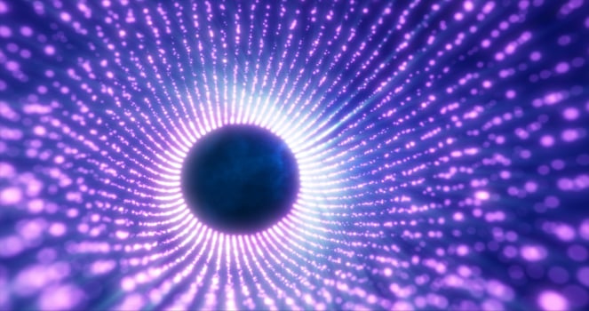 Funnel of purple energy particles in the form of a tunnel glowing bright abstract background photo
