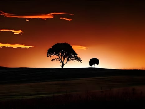 a lone tree stands in the middle of a field at sunset photo