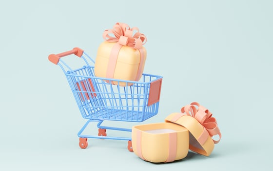 Shopping cart with gift boxes, 3d rendering. photo