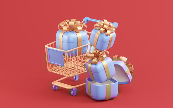 Shopping cart with gift boxes, 3d rendering. photo