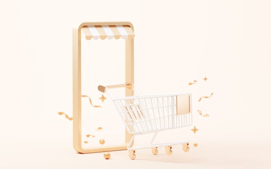 Shopping cart with gift boxes, 3d rendering. photo