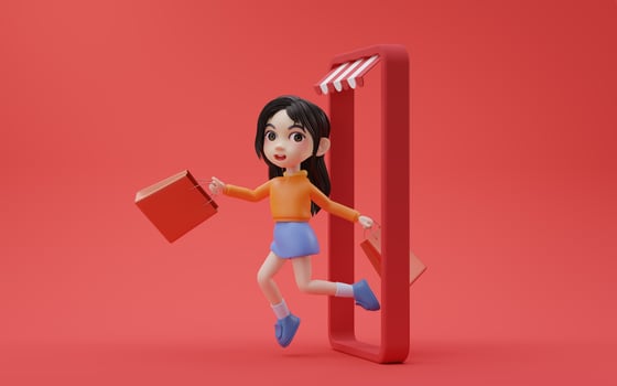 Little girl with shopping theme with cartoon style, 3d rendering. photo