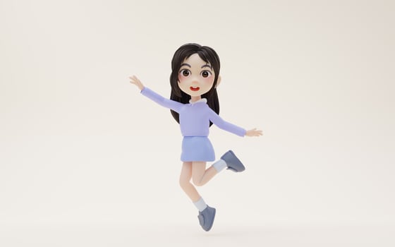 Little girl jumping excitedly with cartoon style, 3d rendering. photo