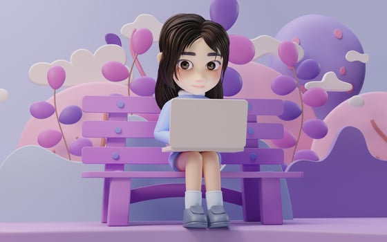 Little girl working with laptop with cartoon style, 3d rendering. photo