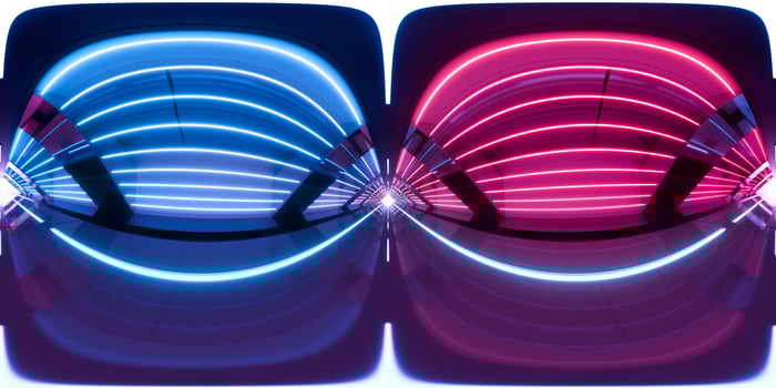 Dark tunnel with glowing light illuminated, 3d rendering. 360-degree seamless panoramic view. photo